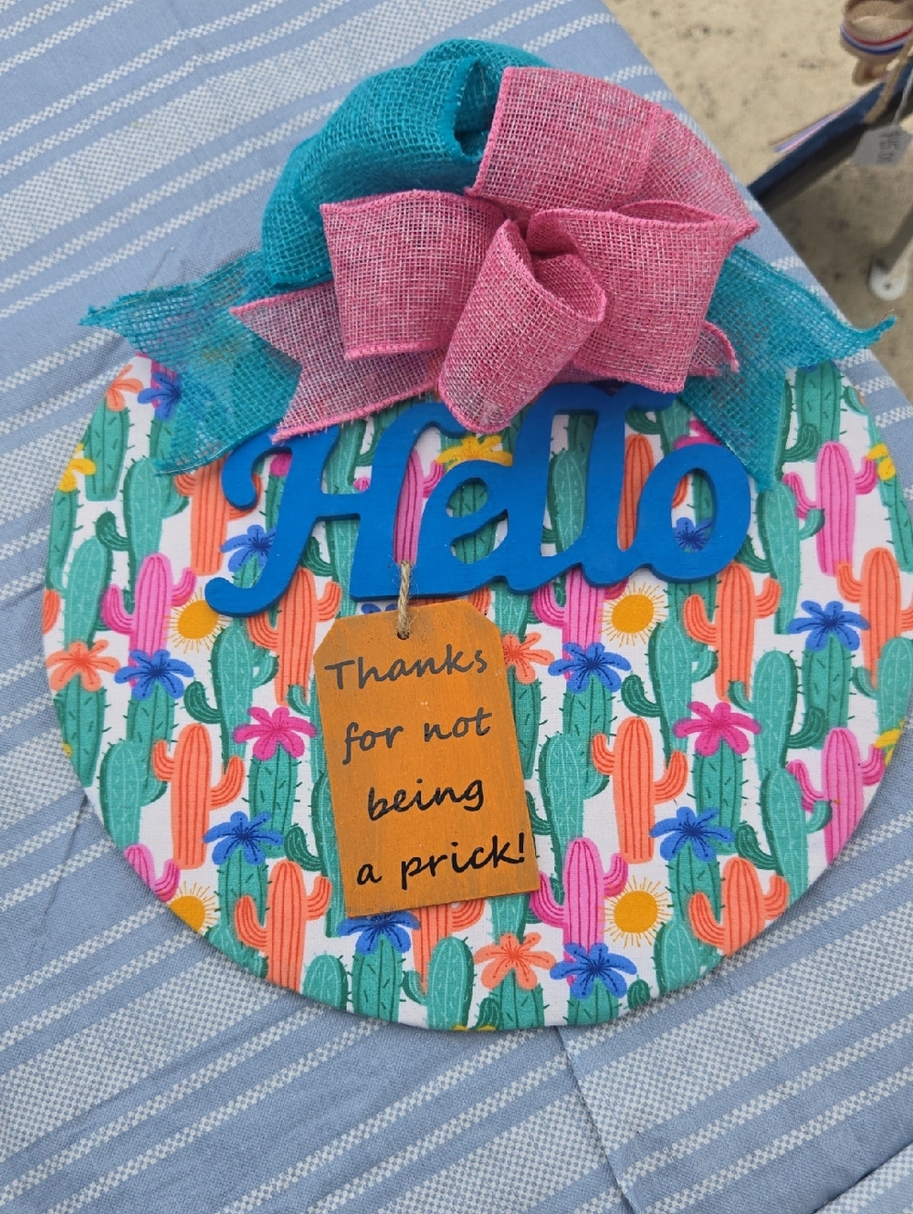 Hello Cactus Round Door Hanger in Turquoise and Pink